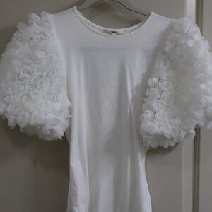 White Floral Rose Puff Sleeve Shirt